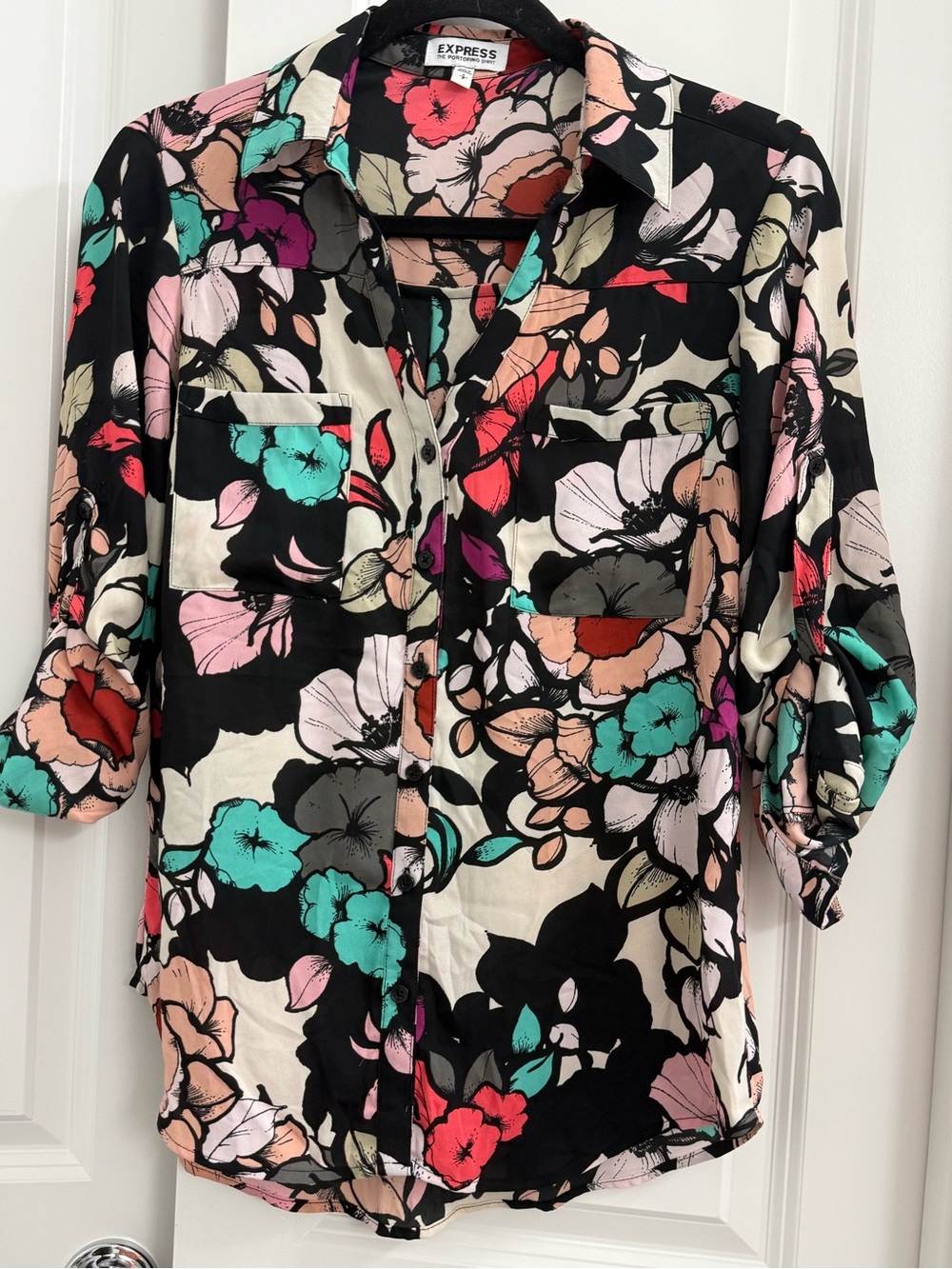 Express Black Floral Portofino Button-Down Shirt with Multicolor Blooms Workwear